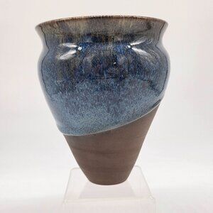 Handcrafted Two-Tone Ceramic Vase With Blue Textured Glaze & Brown Matte Finish